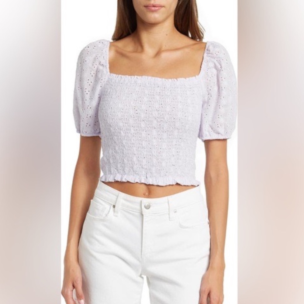 NWT Sophie Rue pastel lavender‎ smocked crop top puff sleeve 100% cotton Large